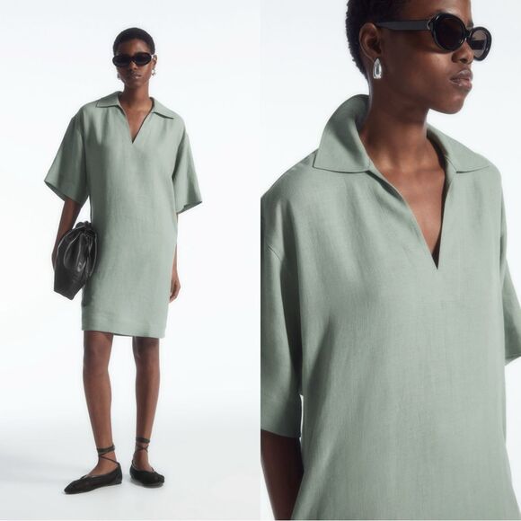 NWT COS OPEN-COLLAR LINEN SHIRT DRESS in mint green - Picture 1 of 13